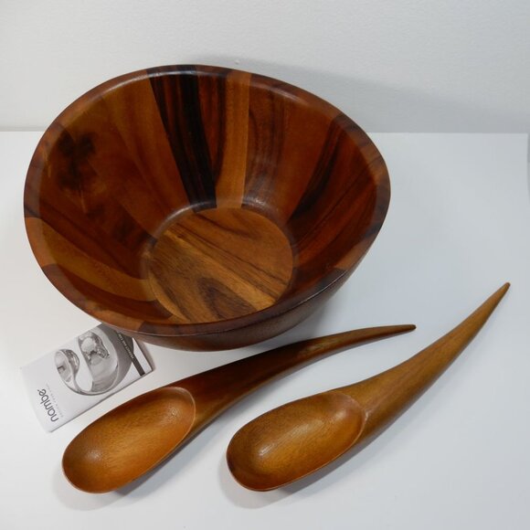 Nambe Harmony 3 Piece Salad Set Bowl & Tongs Brown Acacia Wood NEW $103 - Picture 12 of 13